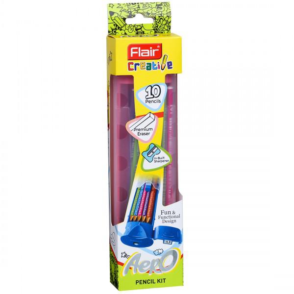 Flair Creative Series Aero Pencil Smart Kit | Colourful 2B Lead Pencils  with Designing Eraser | Use for Home, School & Office | Available 10