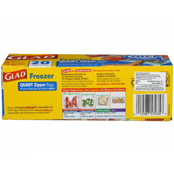 Glad Zipper Freezer Bags, Quart, 20 Bags/Box (57035)